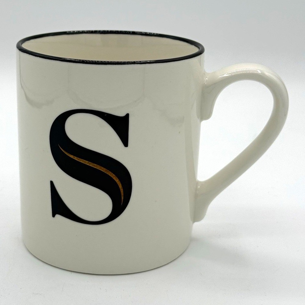 Threshold Stoneware 12oz Monogram "S" Coffee Mug White Black Rim Gold Accent